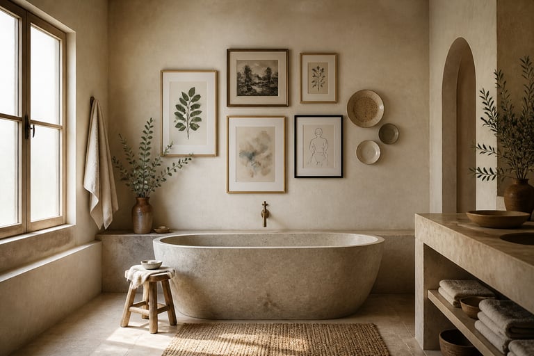 A spa-like bathroom featuring a curated gallery wall of botanical prints, vintage illustrations, and ceramic wall plates above a freestanding stone tub — the definitive guide to bathroom art decor that creates a personal retreat.