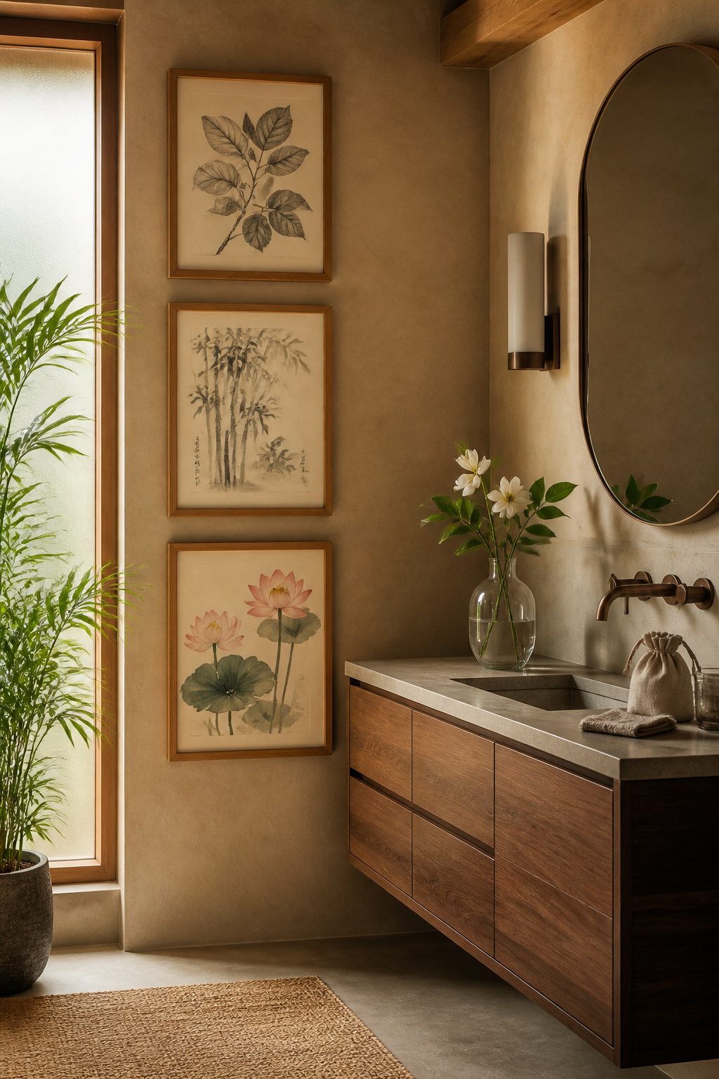 Three botanical prints in sealed bamboo frames — a fiddle-leaf sketch, an ink-wash bamboo scene, and a lotus watercolour — arranged vertically against clay plaster wall complete a sustainably mindful bathroom.