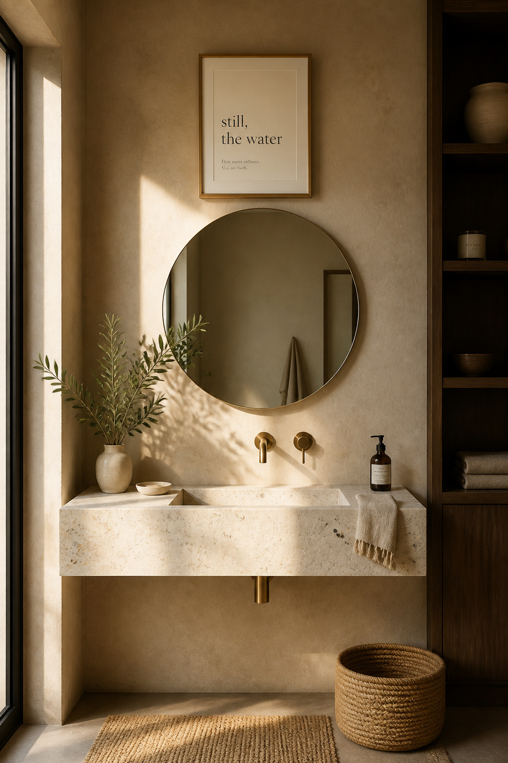 A Garamond serif typography print reading 'still, the water' in a gold frame above a terrazzo basin sets a calm, intentional tone for the morning ritual.