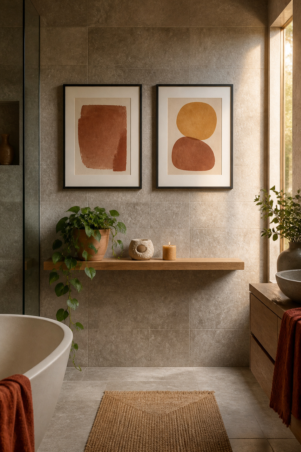 Burnt sienna and ochre abstract prints in black frames against grey travertine tile create the warm-meets-cool contrast that makes earth-toned bathroom art so visually compelling.