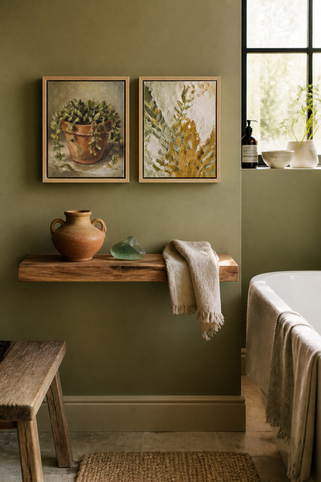 Two small original oil paintings — a succulent study and an abstract botanical sketch — displayed as a diptych on a sage wall bring the unmistakable warmth of original art to a personal bathroom sanctuary.