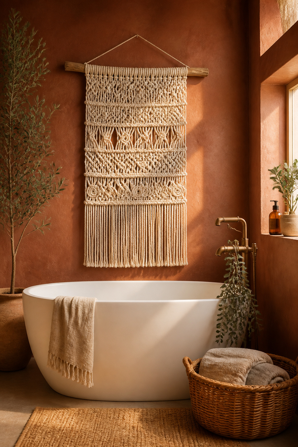 A wide hand-knotted macramé wall hanging in natural undyed cotton on a driftwood rod creates layered organic texture above a curved white tub on a terracotta limewash wall.