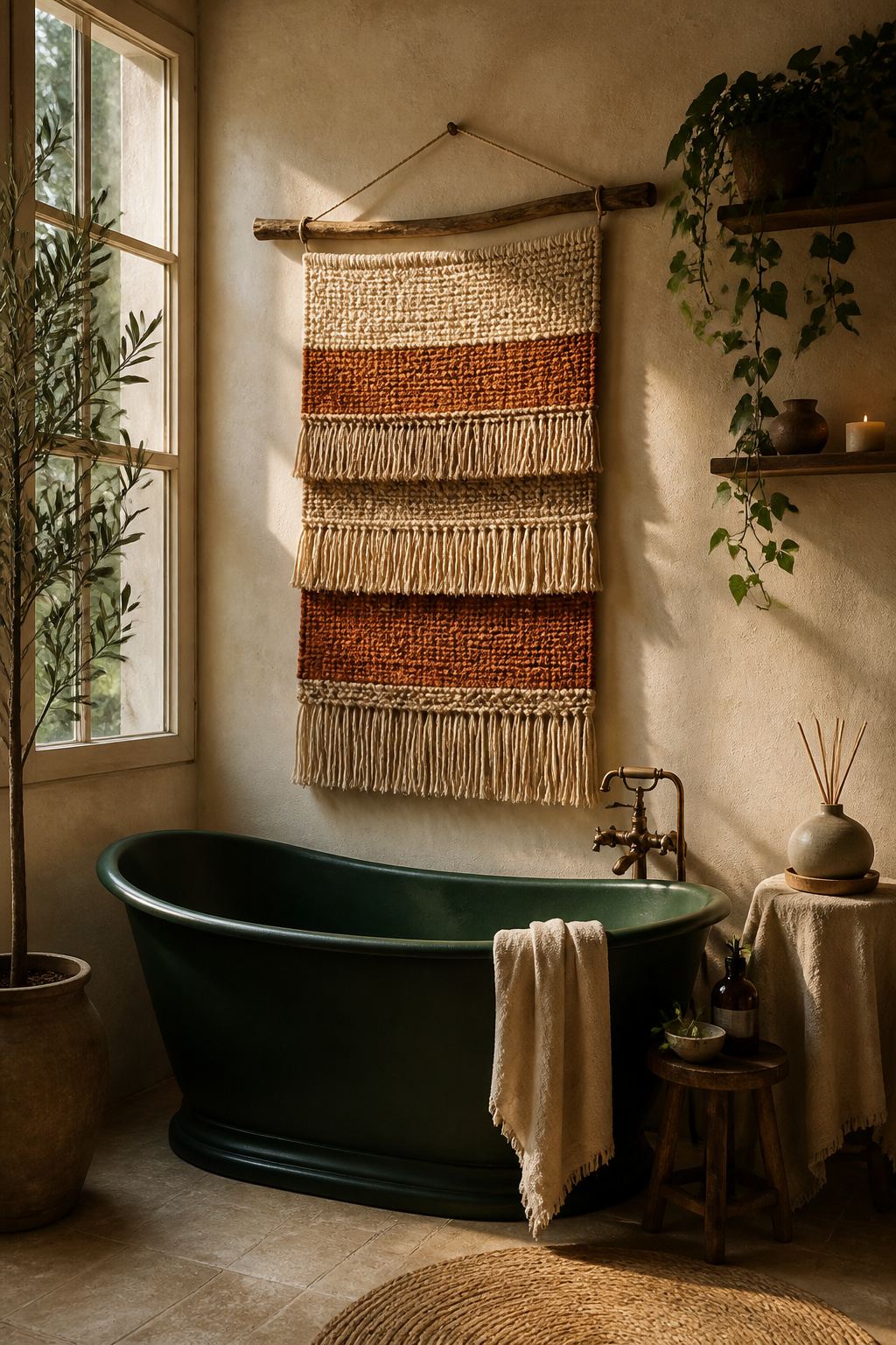 A hand-woven cotton wall hanging in natural and terracotta tones above a forest-green cast iron tub adds the tactile softness that hard bathroom surfaces lack.