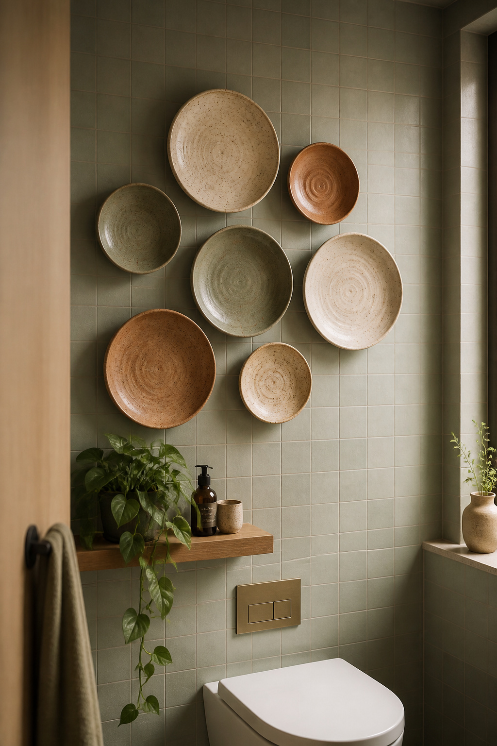 Seven handmade stoneware plates in matte speckled glazes clustered above a toilet create sculptural depth and artisan warmth on a sage tile wall.