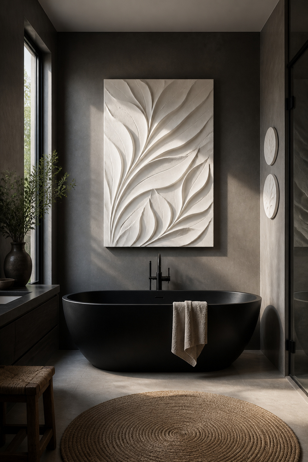 A large white plaster relief panel with organic wave and leaf motifs catches directional side light to create dynamic shadow play behind a black resin soaking tub.