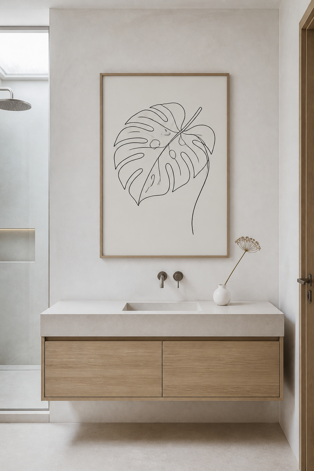 A single large continuous-line Monstera print in a raw oak floating frame anchors a white microcement bathroom wall — minimal bathroom art decor with genuine contemplative presence.