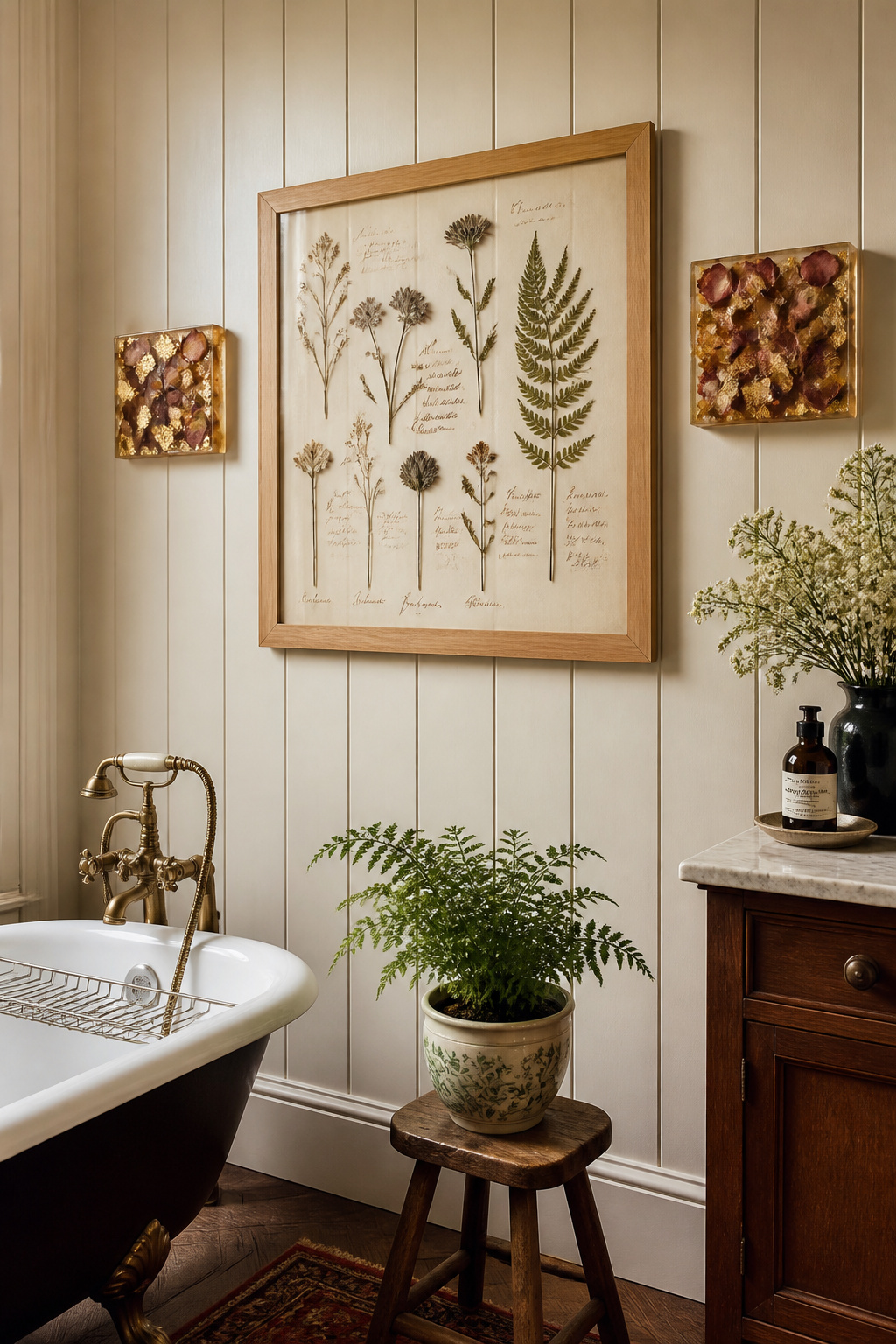 A large pressed botanical collage in a wide oak frame beside resin art panels containing suspended petals creates a naturalist-inspired mixed media display that gives a bathroom real character.