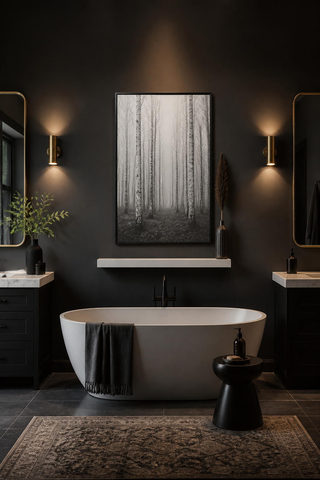 A large black and white forest photograph in a thin matte black frame creates dramatic focus on a charcoal bathroom wall — timeless bathroom wall art that pairs with any colour scheme.
