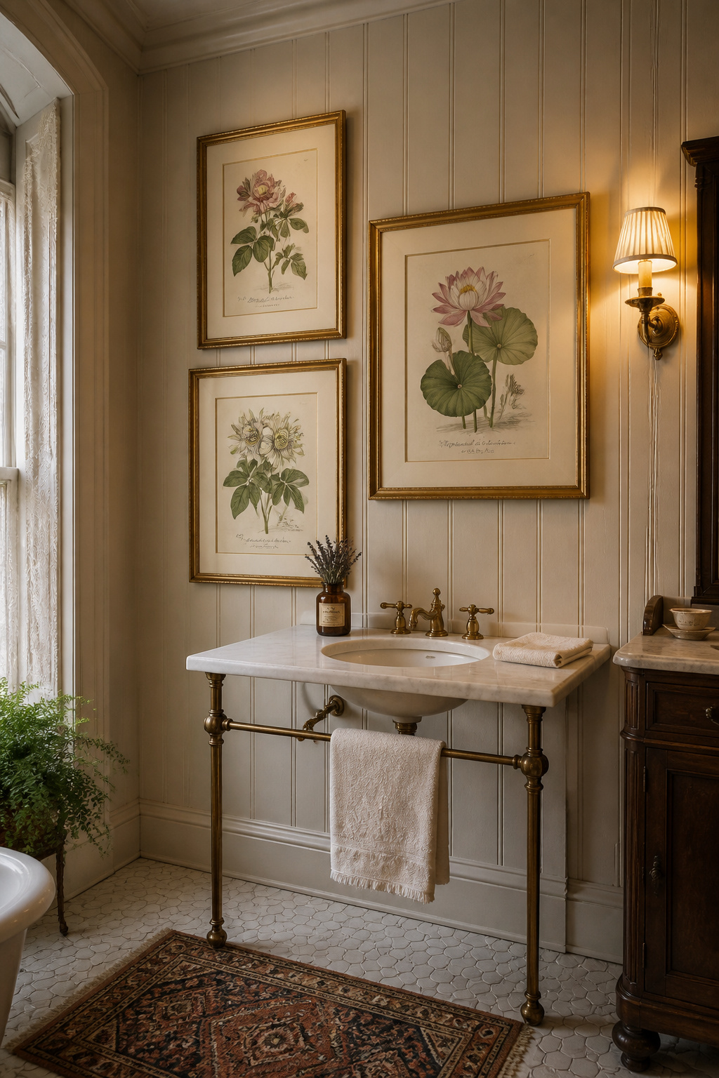 Three Redouté-style botanical engravings in gilded antique frames above a marble console vanity bring Victorian naturalist heritage into a beautifully styled bathroom.