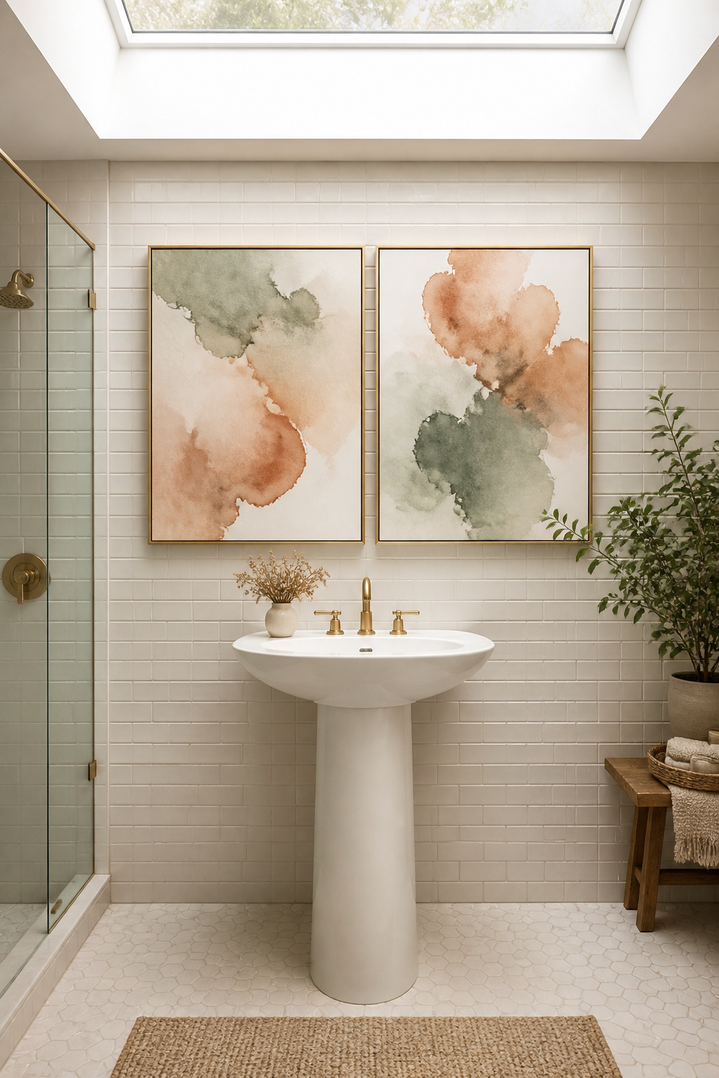 A sage and terracotta watercolor diptych in brushed gold floating frames brings organic warmth to a white subway tile bathroom — fluid art that deliberately contrasts with the geometry around it.