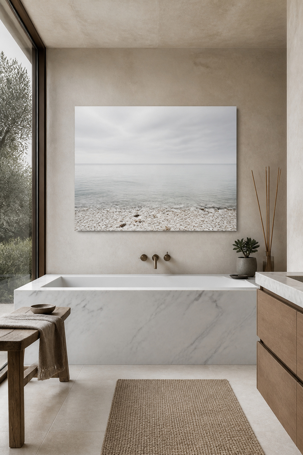 A frameless aluminium metal print of a Scandinavian coastal horizon above a marble bathtub surround creates the psychological effect of an opening in the wall — one of the most effective spa-mood bathroom art choices.