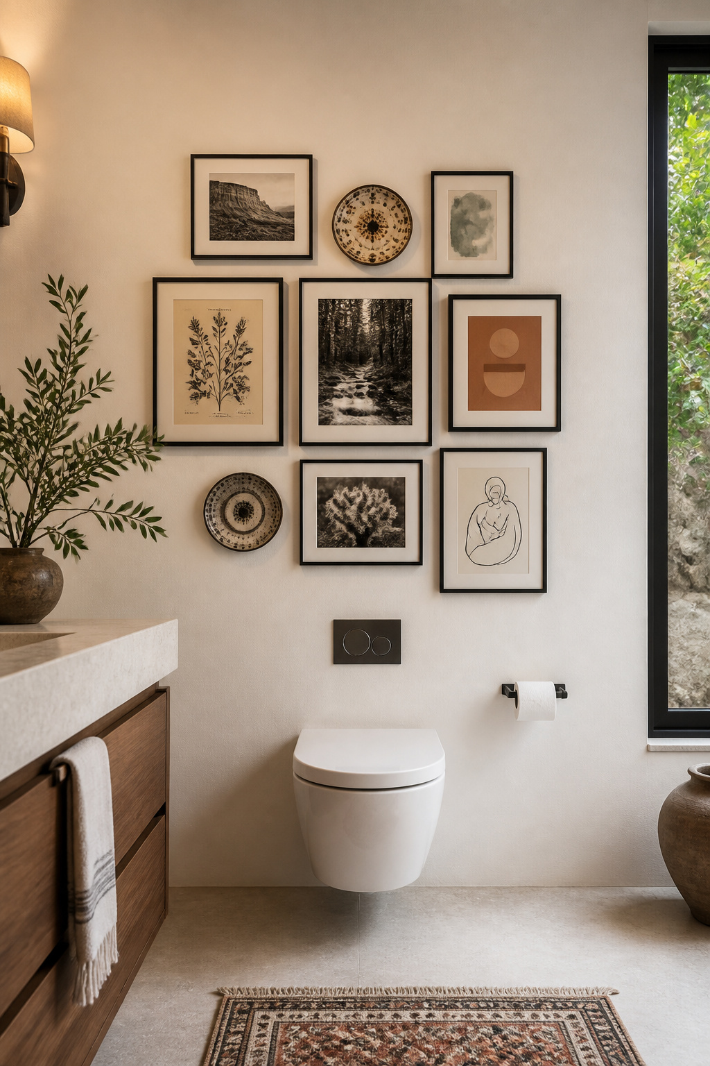 Eight varied pieces — botanical engravings, B&W photography, watercolor prints, and ceramic discs — unified by consistent black frames create a collected, intentional gallery wall above a wall-hung toilet.