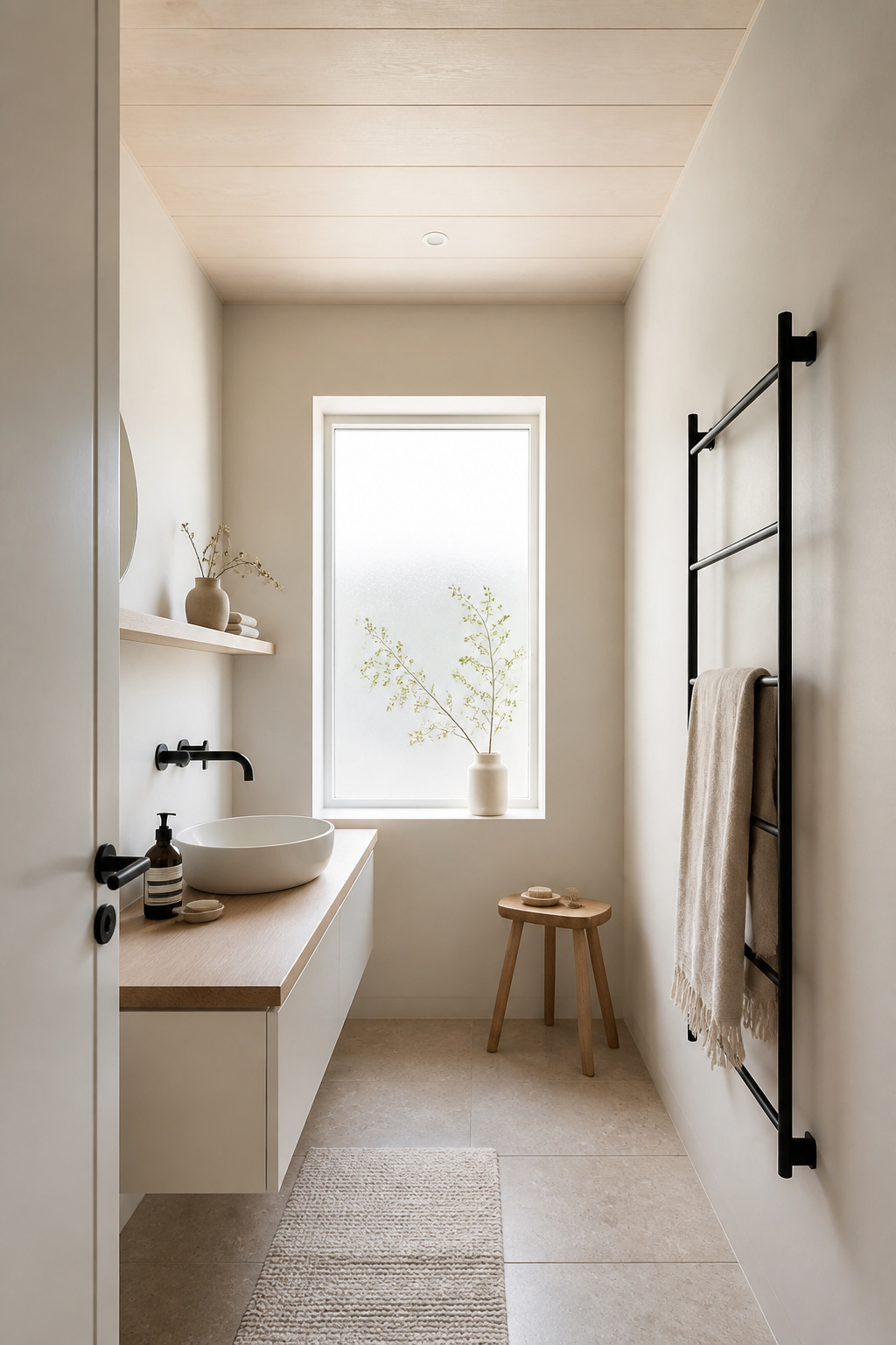 Tonal layering in warm whites and greige is the foundation of Nordic small bathroom decoration — three close tonal values create perceived depth without visual complexity.