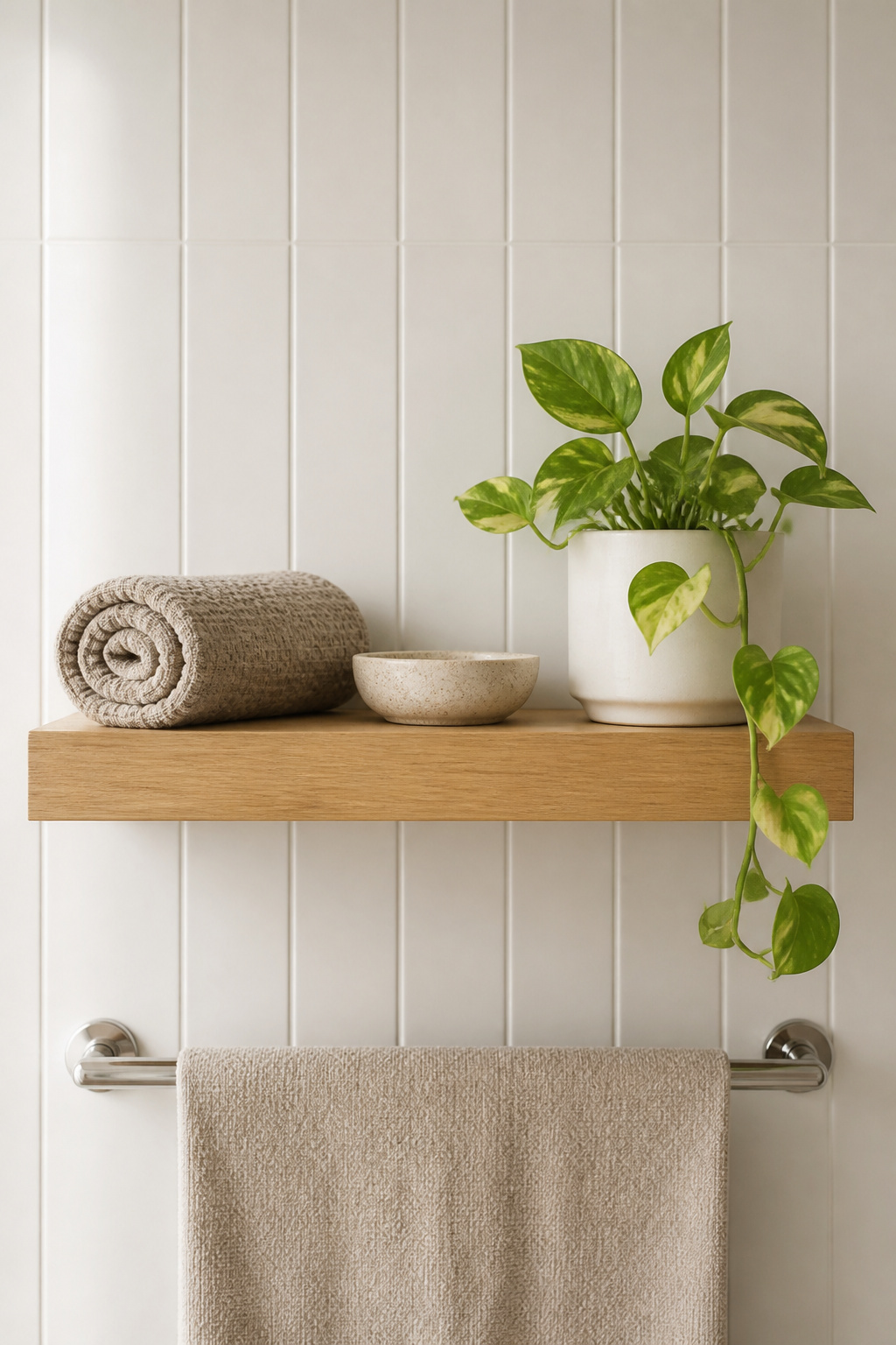 A single piece of white oak — a shelf, a vanity top — brings the warmth that defines Scandinavian small bathroom decoration without closing in a compact space.