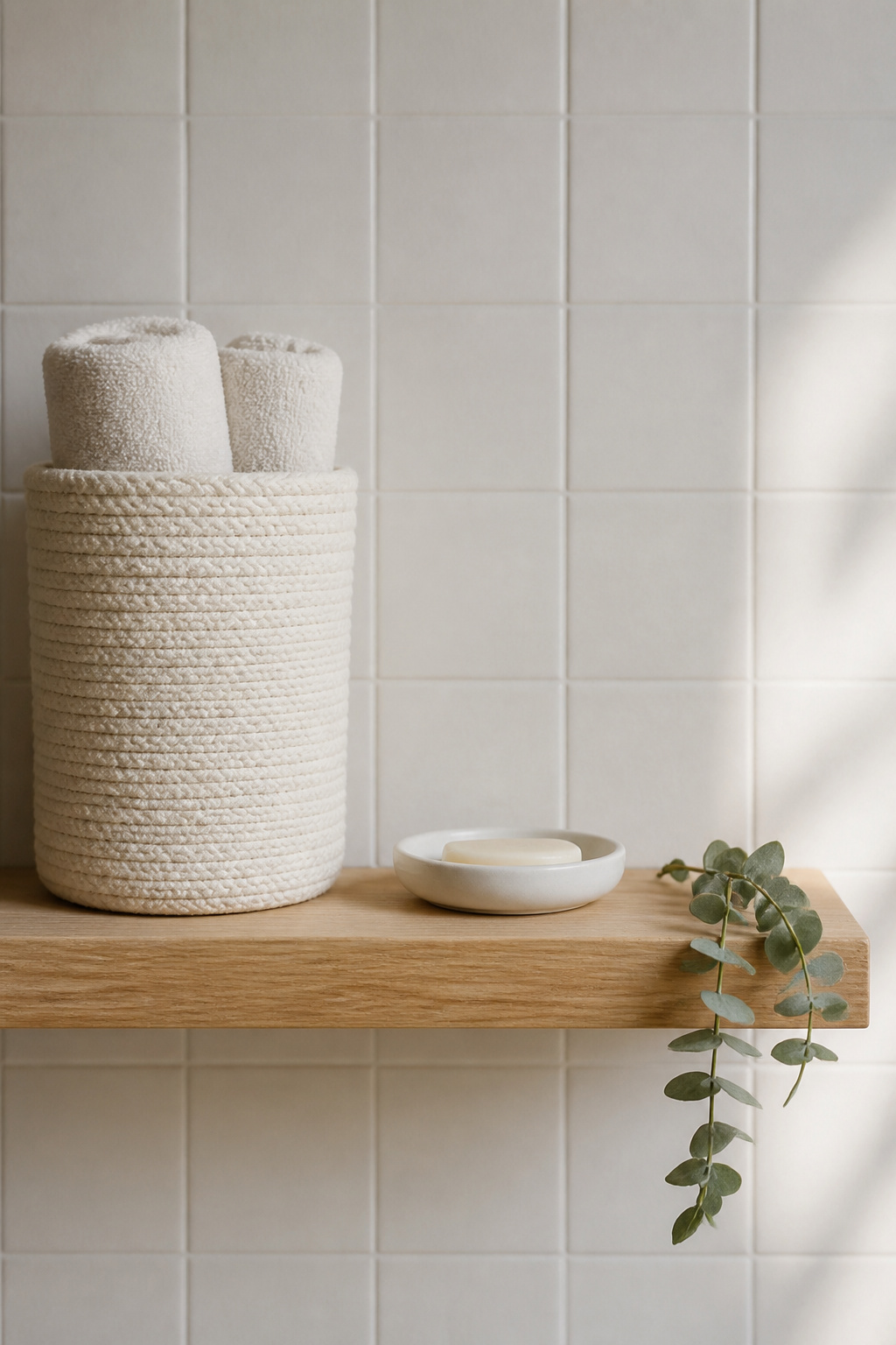The Nordic rule of thirds — two-thirds filled, one-third empty — turns a bathroom open shelf into a considered composition rather than an accumulation.