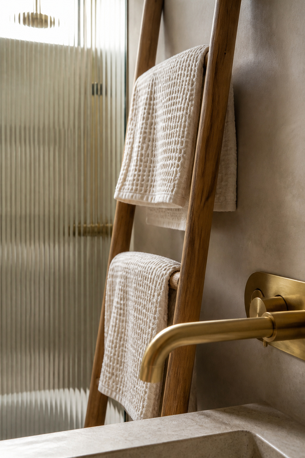 Three textures — waffle weave, ribbed glass, brushed brass — is the current Nordic texture signature, creating warmth and depth without colour or pattern.