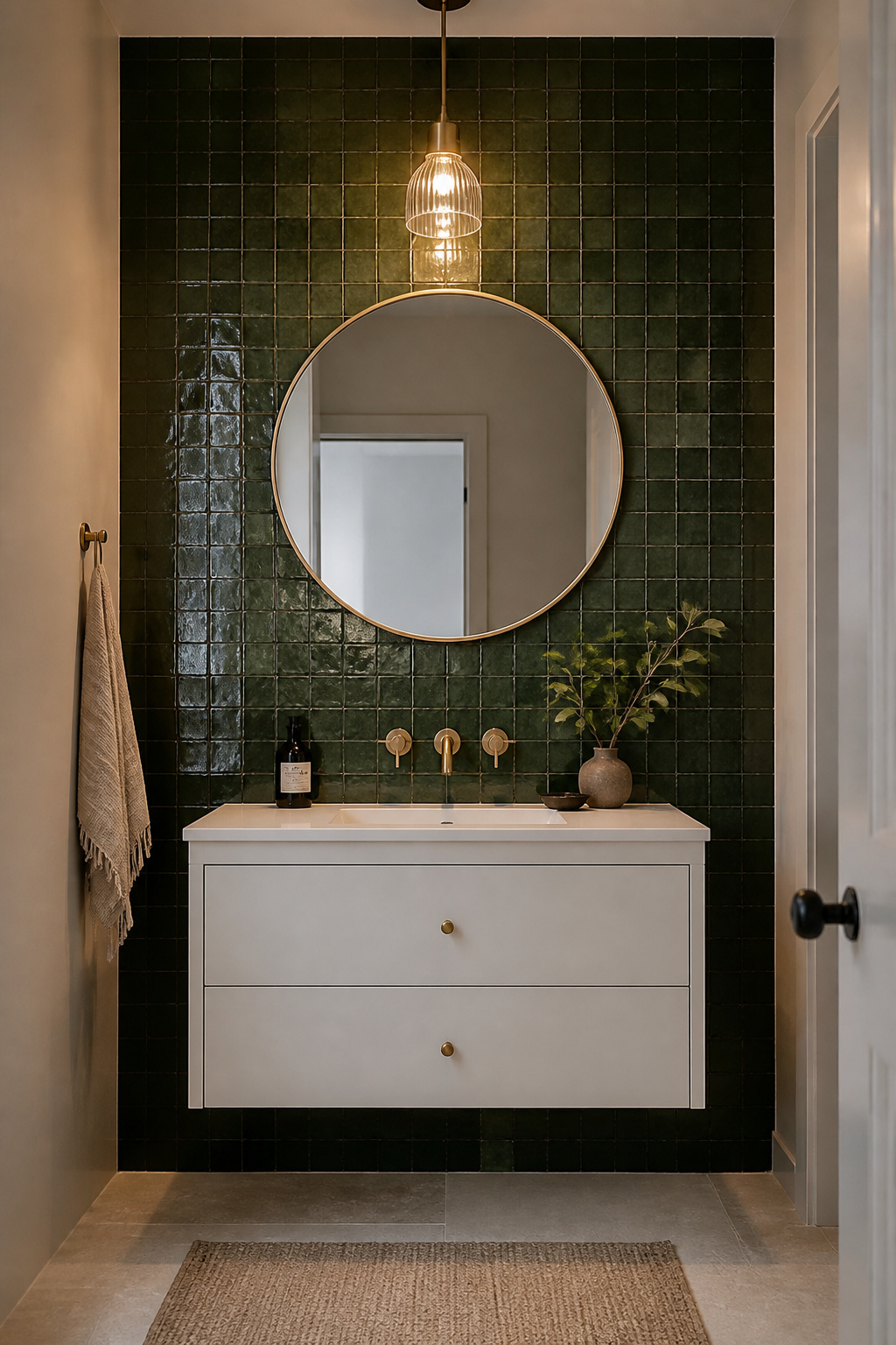 Deep forest green zellige tiles on a single wall create the jewel-box effect that makes small bathroom decoration feel intimate rather than merely small.