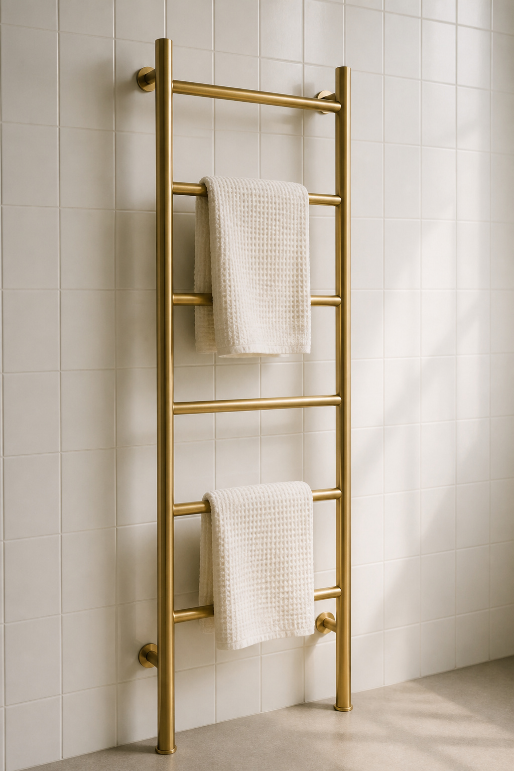 A Scandinavian towel ladder styled with deliberate negative space — some rungs bare — is as much a design statement as it is a functional fixture.