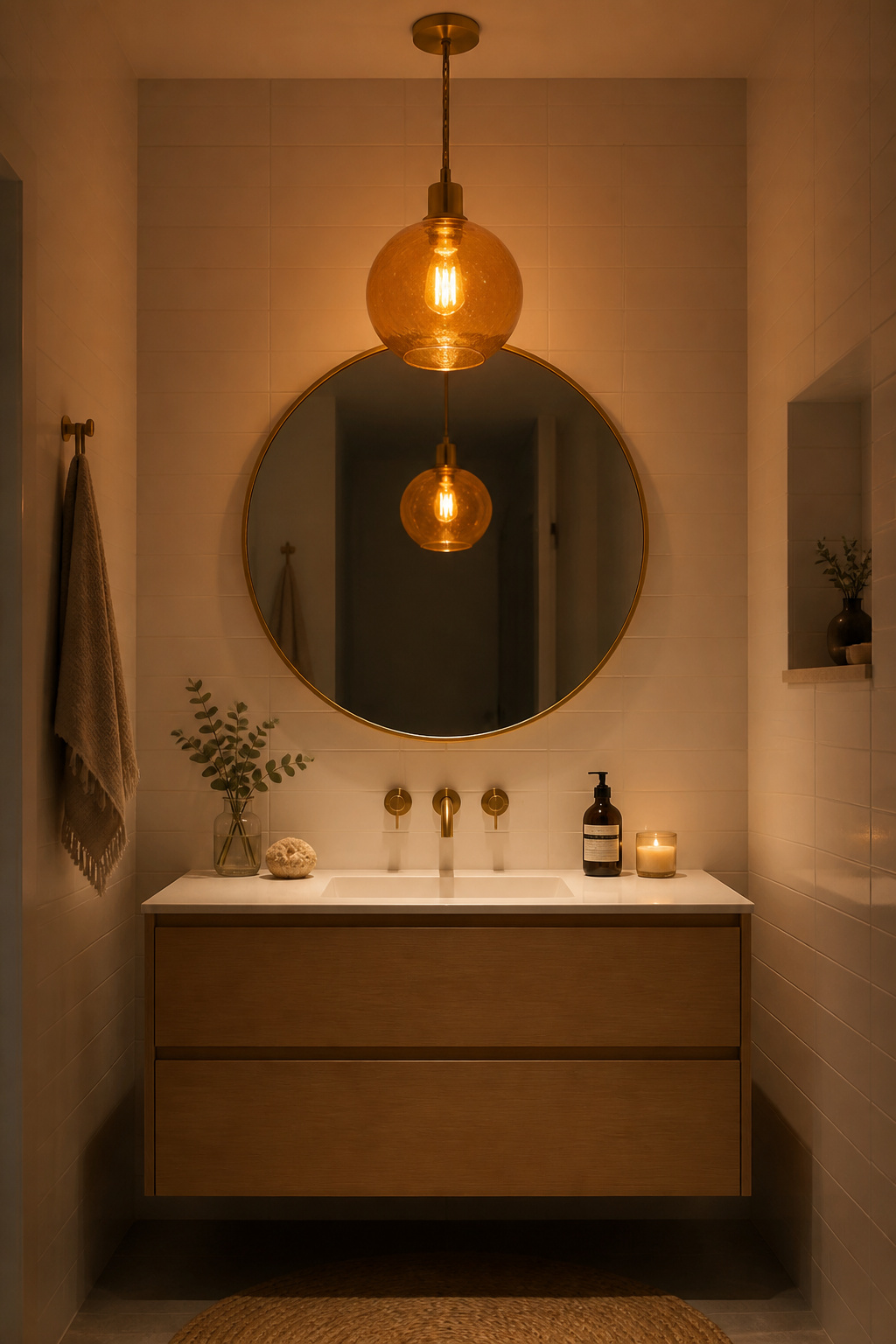 A single warm-toned pendant above the vanity mirror replaces flat recessed lighting with ambience — the reflection in the mirror doubles the light source and transforms the room.
