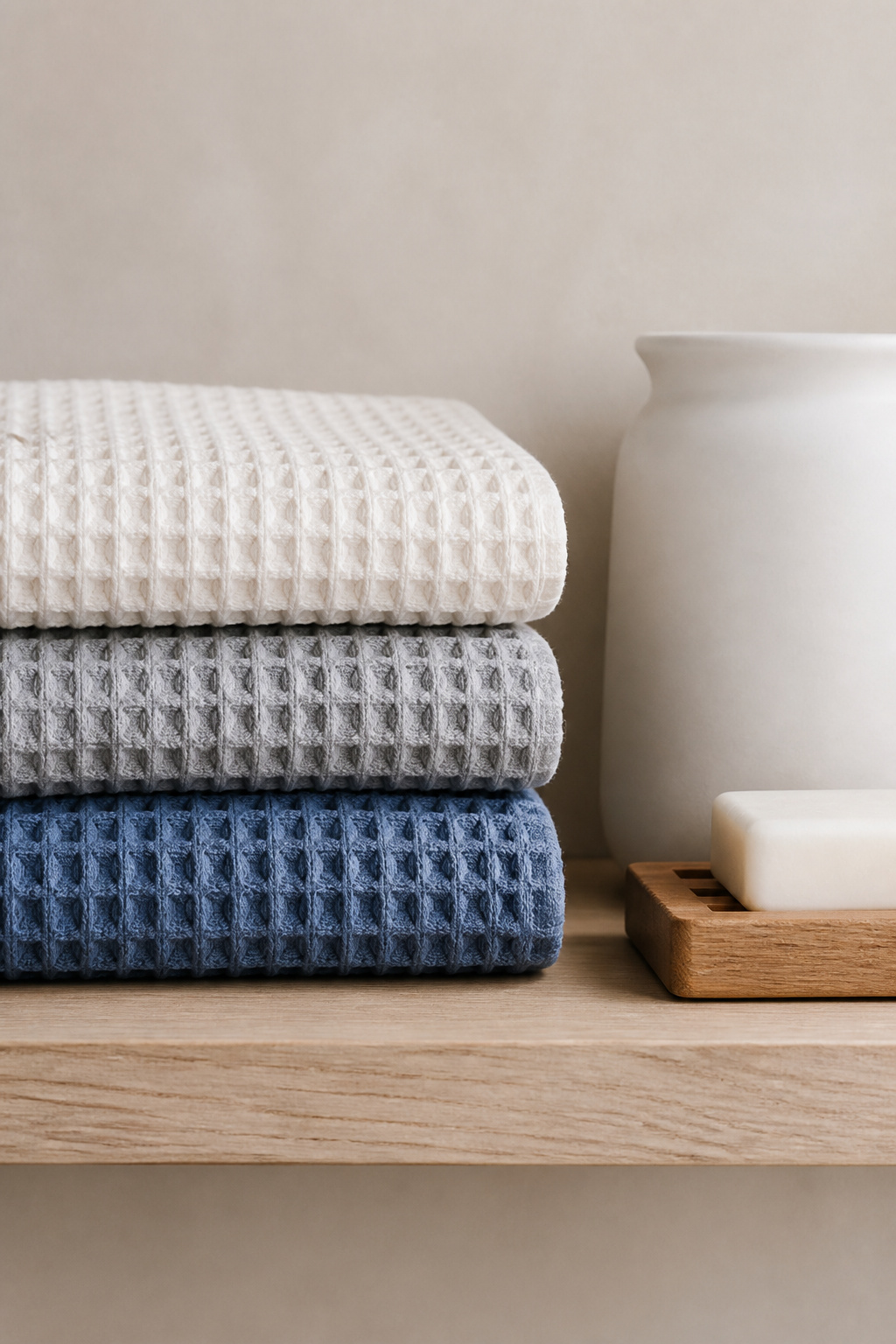 Three tones maximum across coordinated waffle-weave textiles — the Nordic approach to bathroom linens that transforms small bathroom decoration through tactile quality rather than complexity.