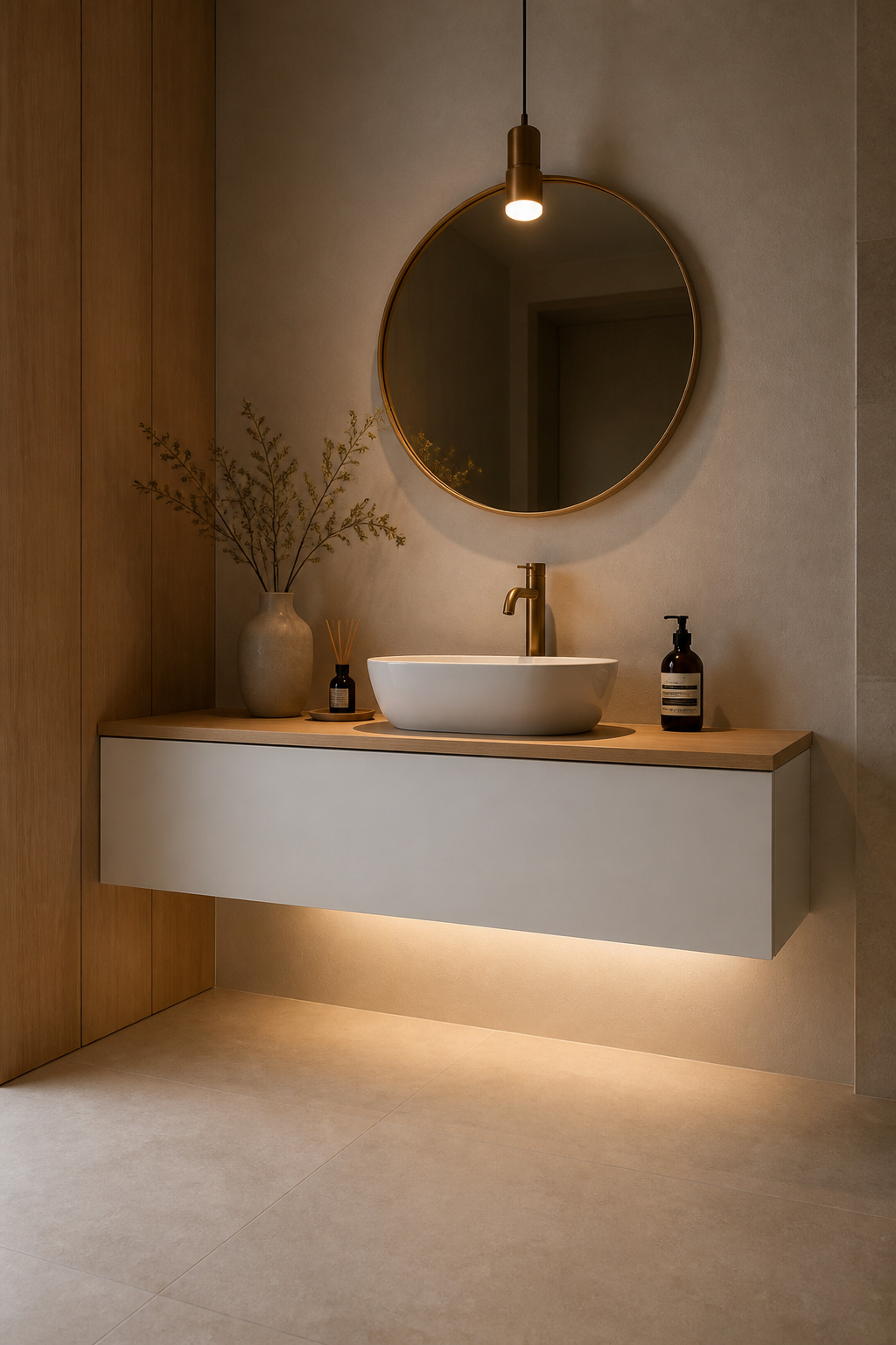 The floating vanity is the single structural change that delivers the most visual space in a small bathroom — exposing the full floor beneath makes even a 2-square-metre room feel open.