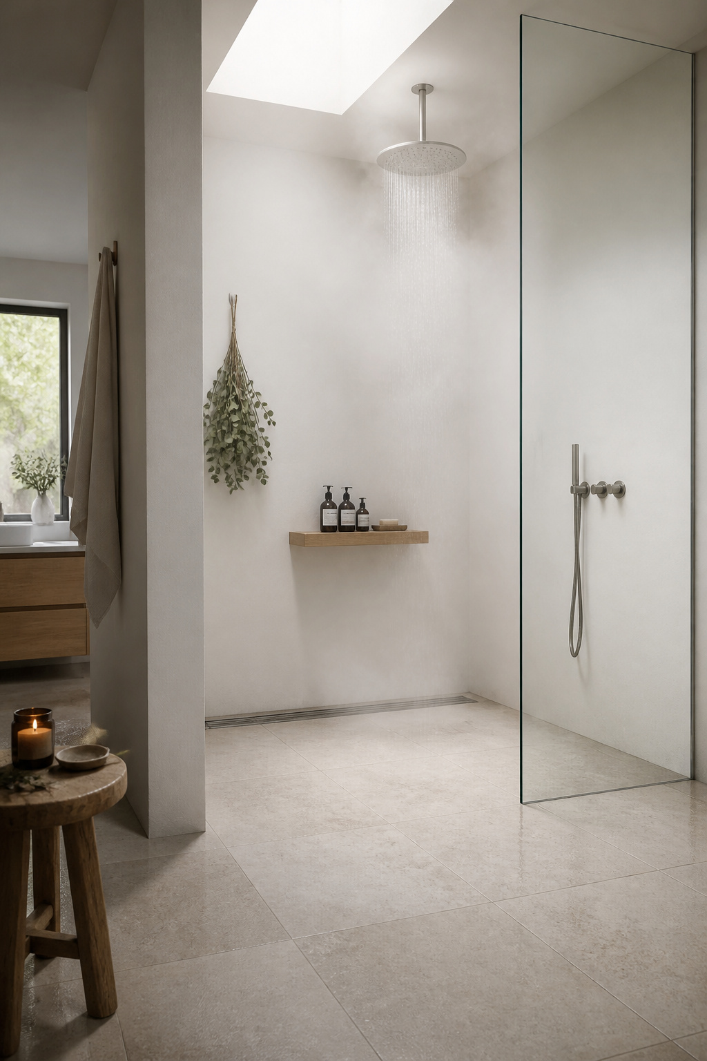 The Nordic wet room removes every visual boundary in a compact bathroom — the continuous floor plane is one of the most effective space-expanding decisions in small bathroom decoration.