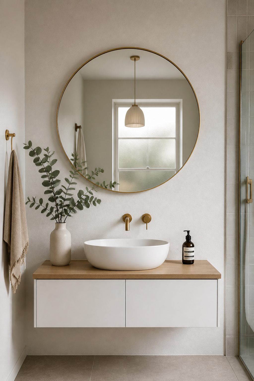 A large round mirror in brushed brass makes even the smallest bathroom vanity wall feel considered and spacious — it's the single most impactful swap in small bathroom decoration.