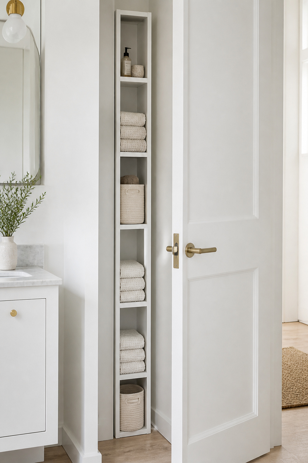The vertical shelf tower in the dead zone behind a door is one of the most overlooked but highest-ROI moves in small bathroom ideas.