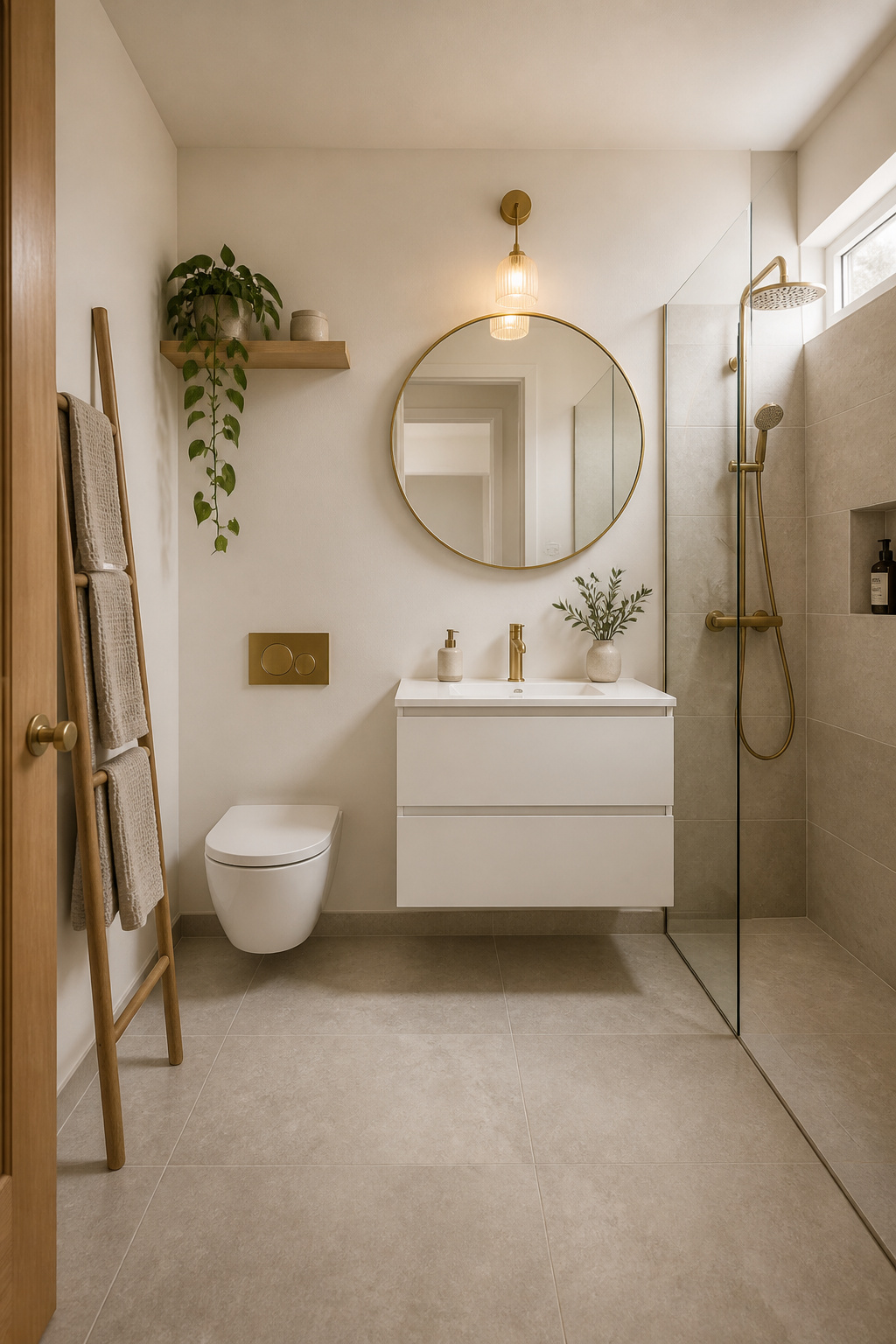 The complete Nordic small bathroom — every element chosen to relate, not just to match — showing how the 60-30-10 colour rule creates a cohesive and spacious feeling.