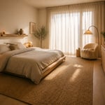 The complete cozy bedroom aesthetic: a white oak platform bed, live-edge oak shelf headboard, jute rug, bouclé reading chair, and morning light through natural linen curtains — each element chosen for its warmth and natural material quality.