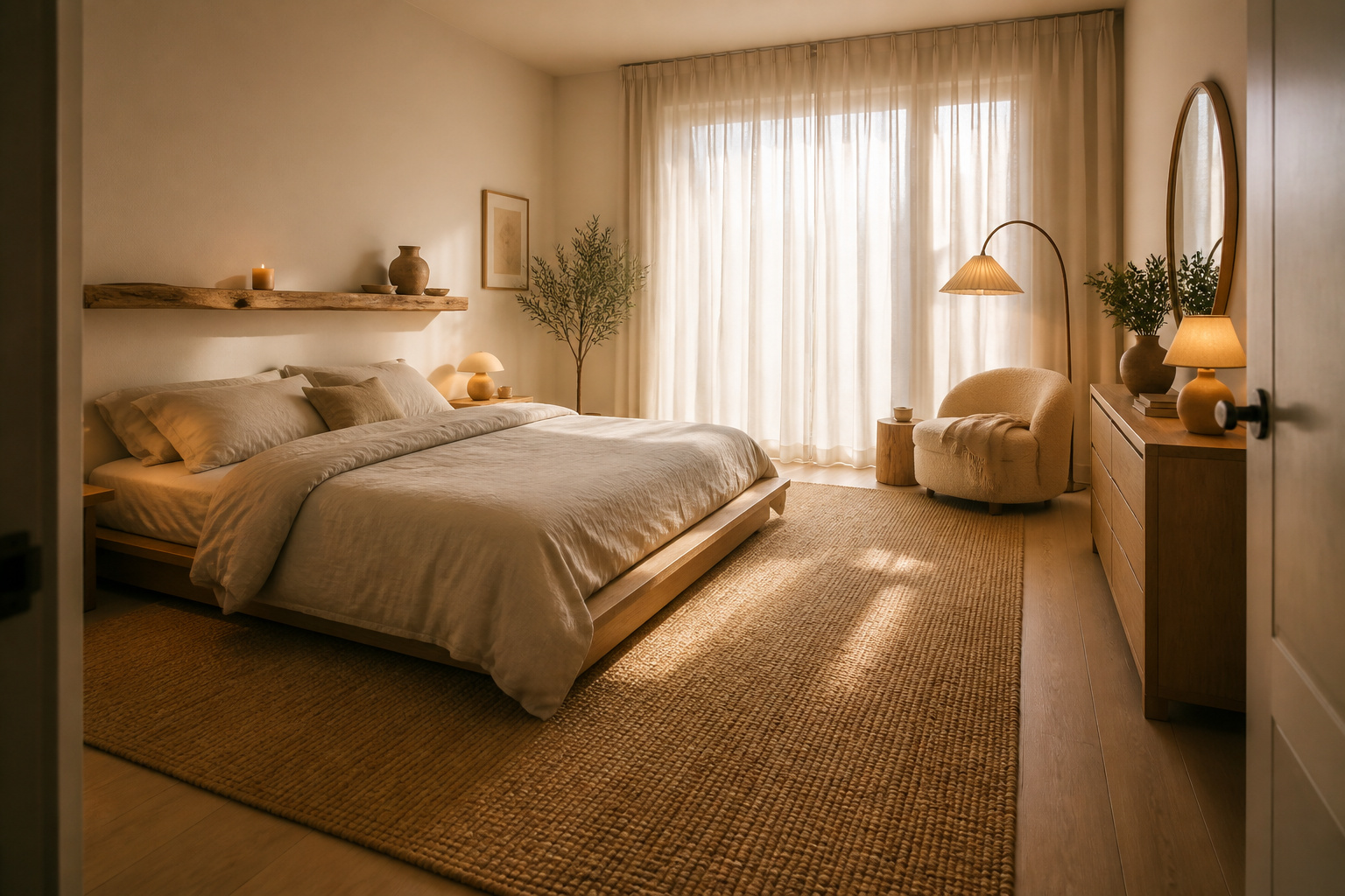 The complete cozy bedroom aesthetic: a white oak platform bed, live-edge oak shelf headboard, jute rug, bouclé reading chair, and morning light through natural linen curtains — each element chosen for its warmth and natural material quality.