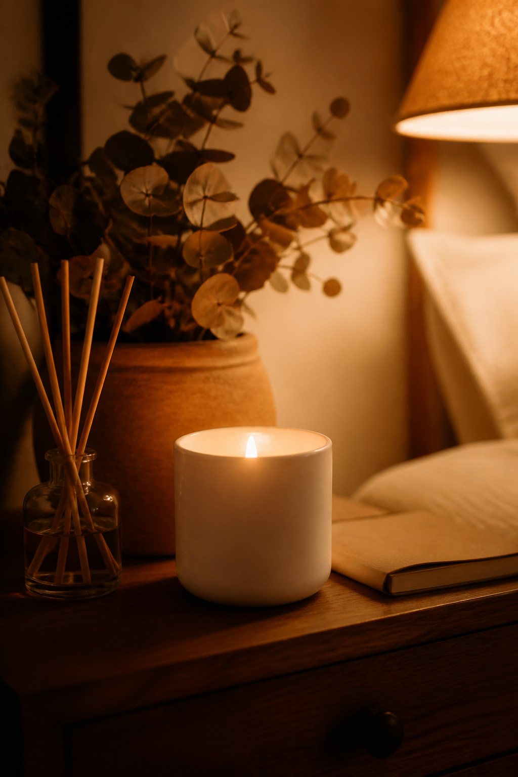 A soy candle in a ceramic vessel, a reed diffuser, and dried eucalyptus create a three-part scent approach — the olfactory element of the cozy bedroom aesthetic that's often the last thing added and the first thing noticed by a visitor.