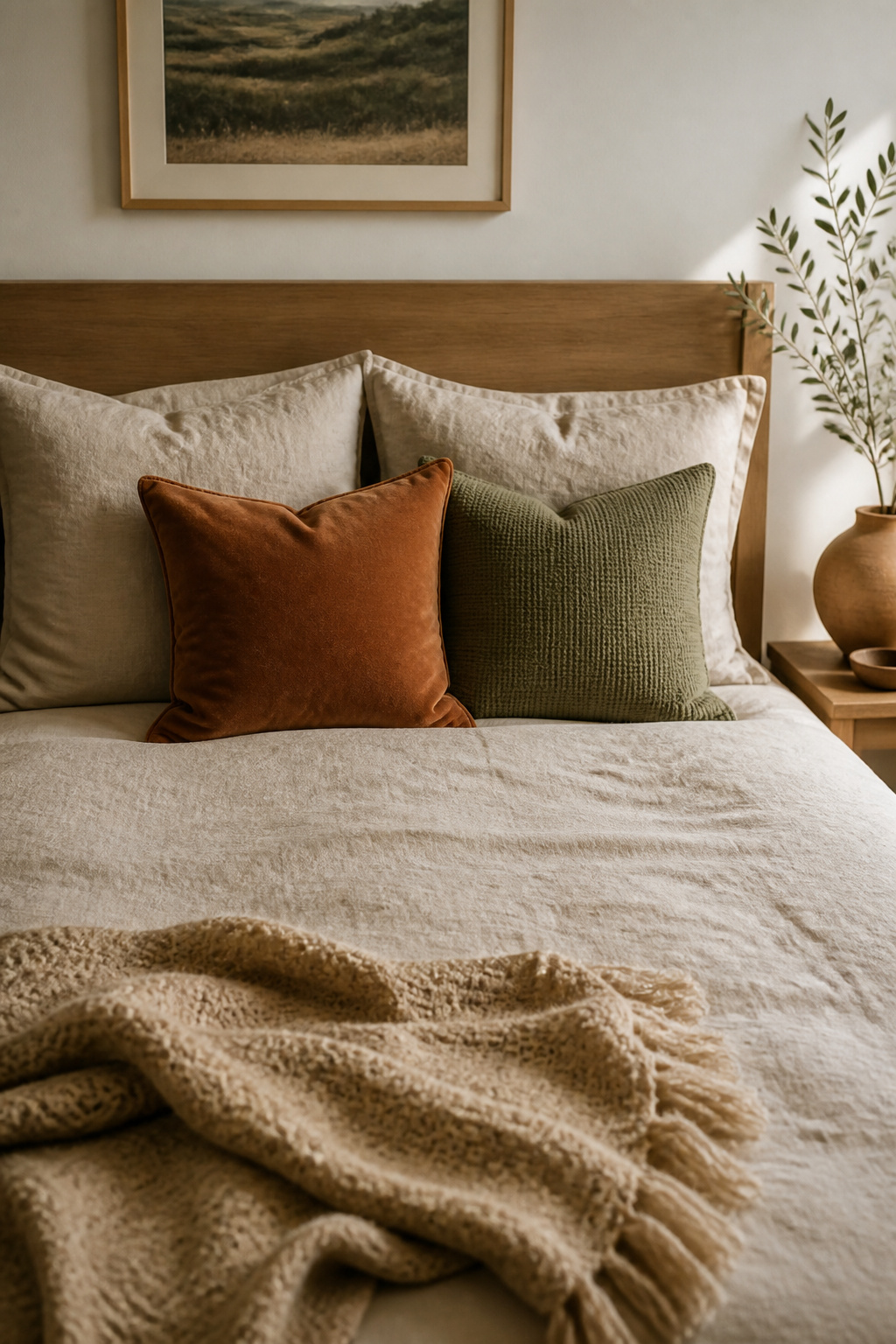 Terracotta velvet and sage waffle-weave accent pillows in front of natural linen sleeping pillows — a four-pillow cozy bedroom aesthetic arrangement that creates visual richness through texture contrast rather than colour complexity.