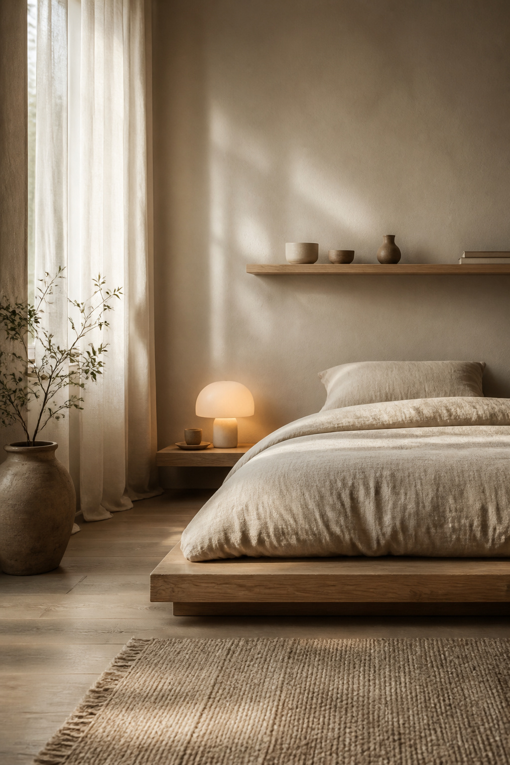 A warm greige bedroom palette in the Scandinavian tradition — oat linen bedding, white oak furniture, and morning light through linen curtains create the cozy bedroom aesthetic without a single decorative object competing for attention.