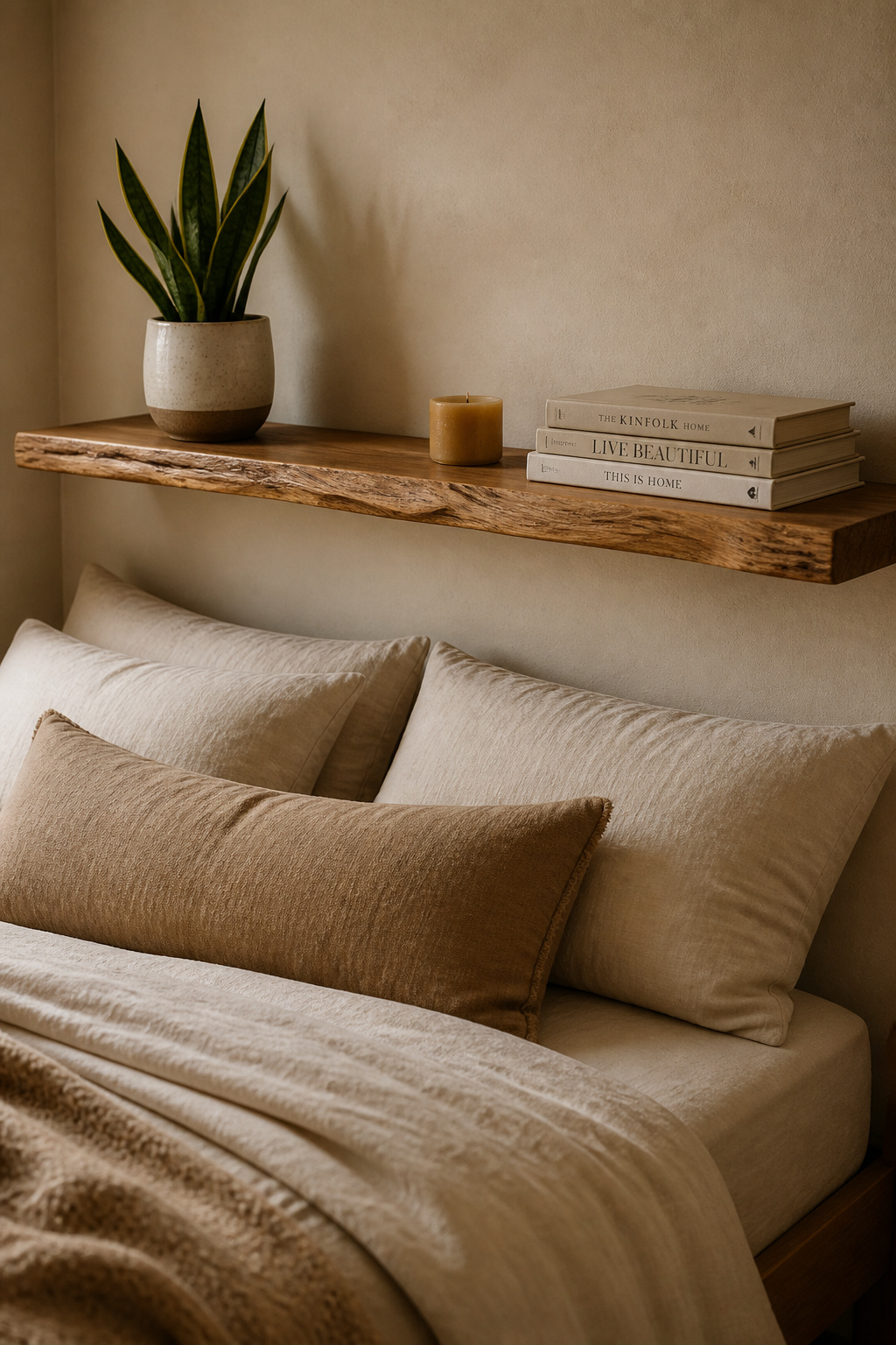 A live-edge reclaimed wood shelf finished in Danish oil serves as both headboard and display surface — the natural grain and edge variation add the organic warmth that defines a well-resolved cozy bedroom aesthetic.