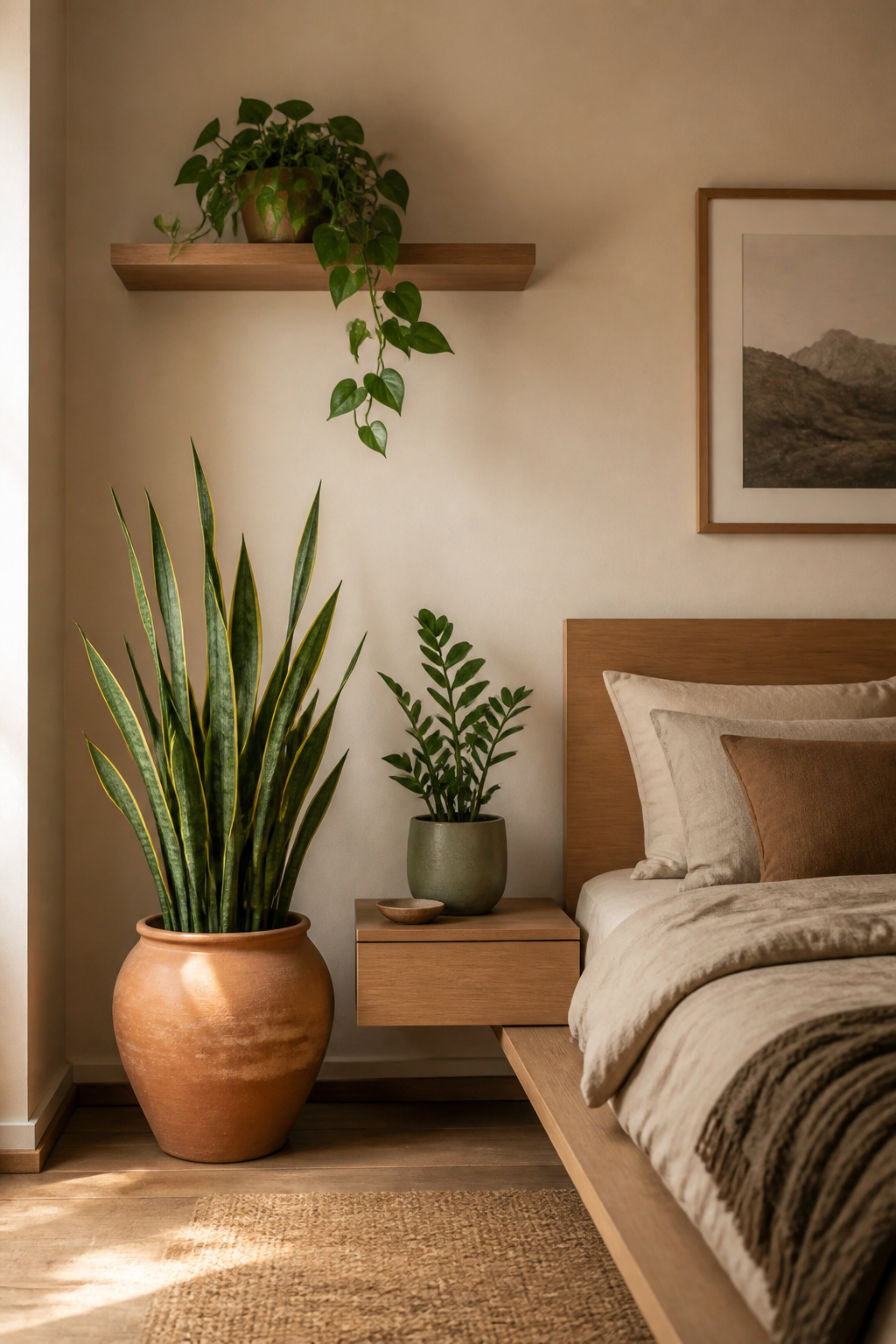 Three low-light plants at different heights — a floor-level snake plant, a shelf-level pothos, and a nightstand-height ZZ plant — add genuine life to a cozy bedroom design without requiring much maintenance or attention.