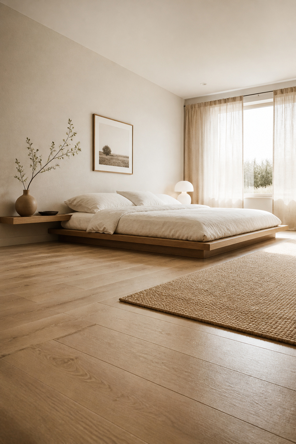 A low-profile white oak platform bed at 12 inches keeps the room's visual centre low, making the floor feel expansive — a core principle behind the calming quality of the Scandinavian cozy bedroom aesthetic.