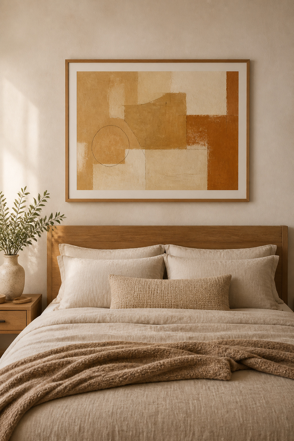 An oversized abstract print in ochre and cream, framed simply in warm wood and hung at the correct two-thirds proportion above a queen bed — the most effective wall art approach for a cozy bedroom aesthetic.