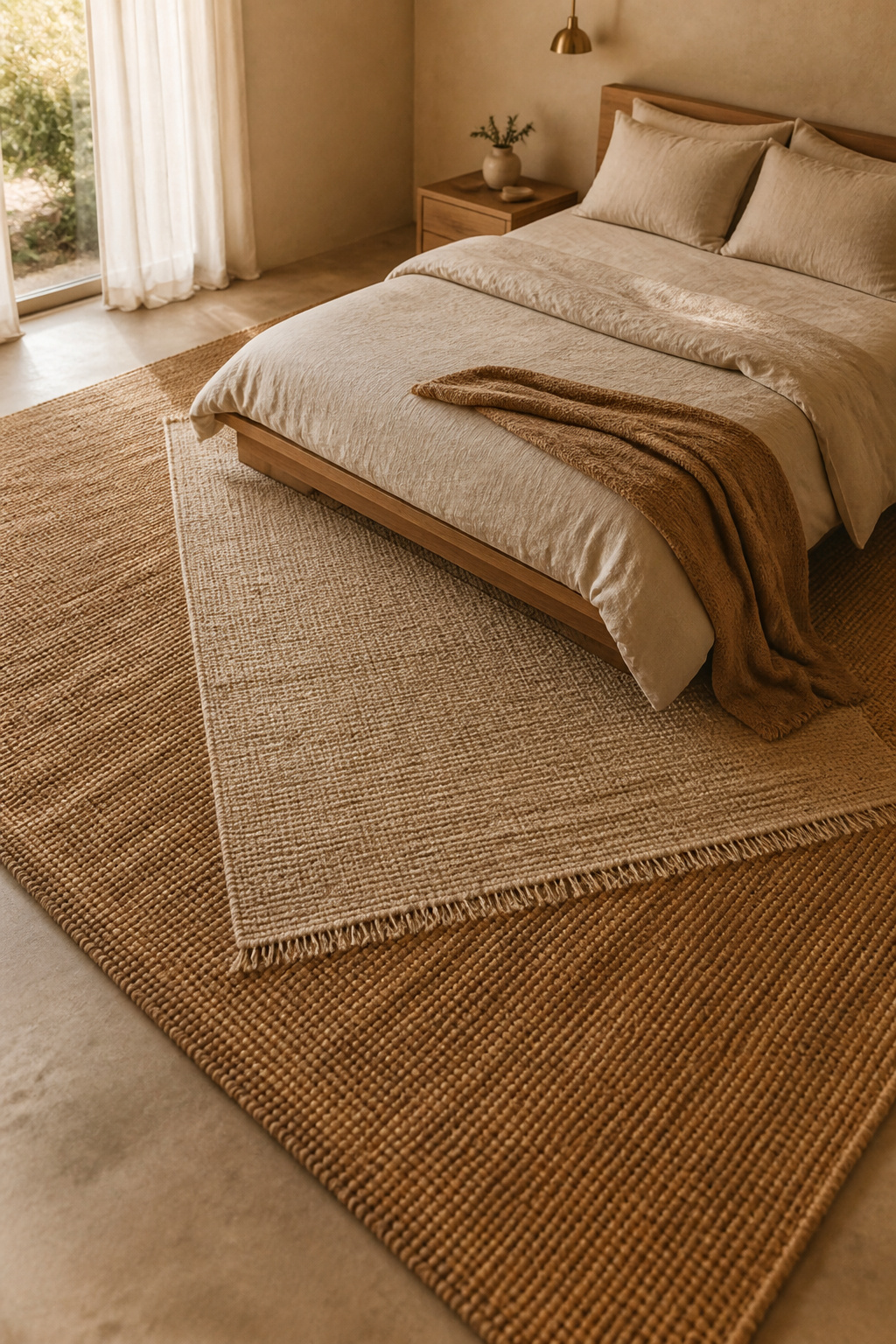 A flat-weave jute base rug layered with a smaller wool rug creates a collected, lived-in quality — the kind of natural layering that gives a cozy bedroom aesthetic its warmth and texture depth.