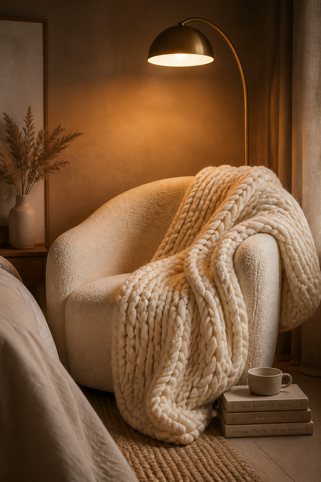 A merino chunky knit blanket on a cream bouclé armchair — two statement textiles that communicate warmth before any physical contact, creating the visual anchor of a cozy bedroom aesthetic reading corner.