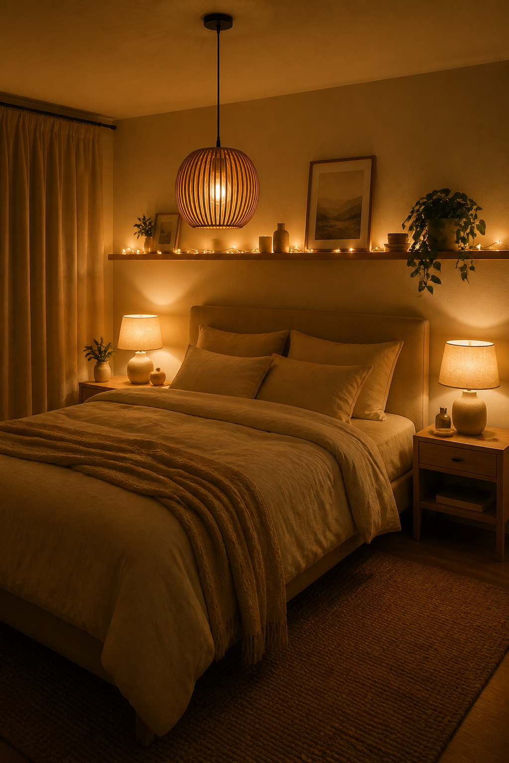 Three layers of 2700K lighting — pendant, bedside lamps, and ambient string lights — create the warm circadian signal that makes a bedroom feel genuinely restful at night.