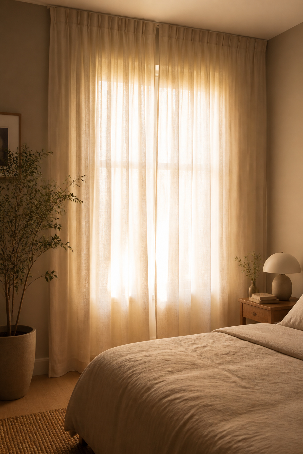 Natural linen curtains hung from ceiling height filter morning light into soft, directional warmth — the window treatment choice that most defines a cozy bedroom aesthetic's morning quality.