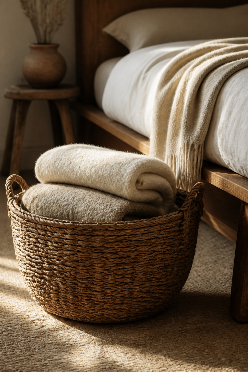 A woven basket holding natural wool throws becomes a purposeful cozy bedroom decor element — it corrals the throw collection, adds organic texture, and keeps the floor area intentional rather than cluttered.