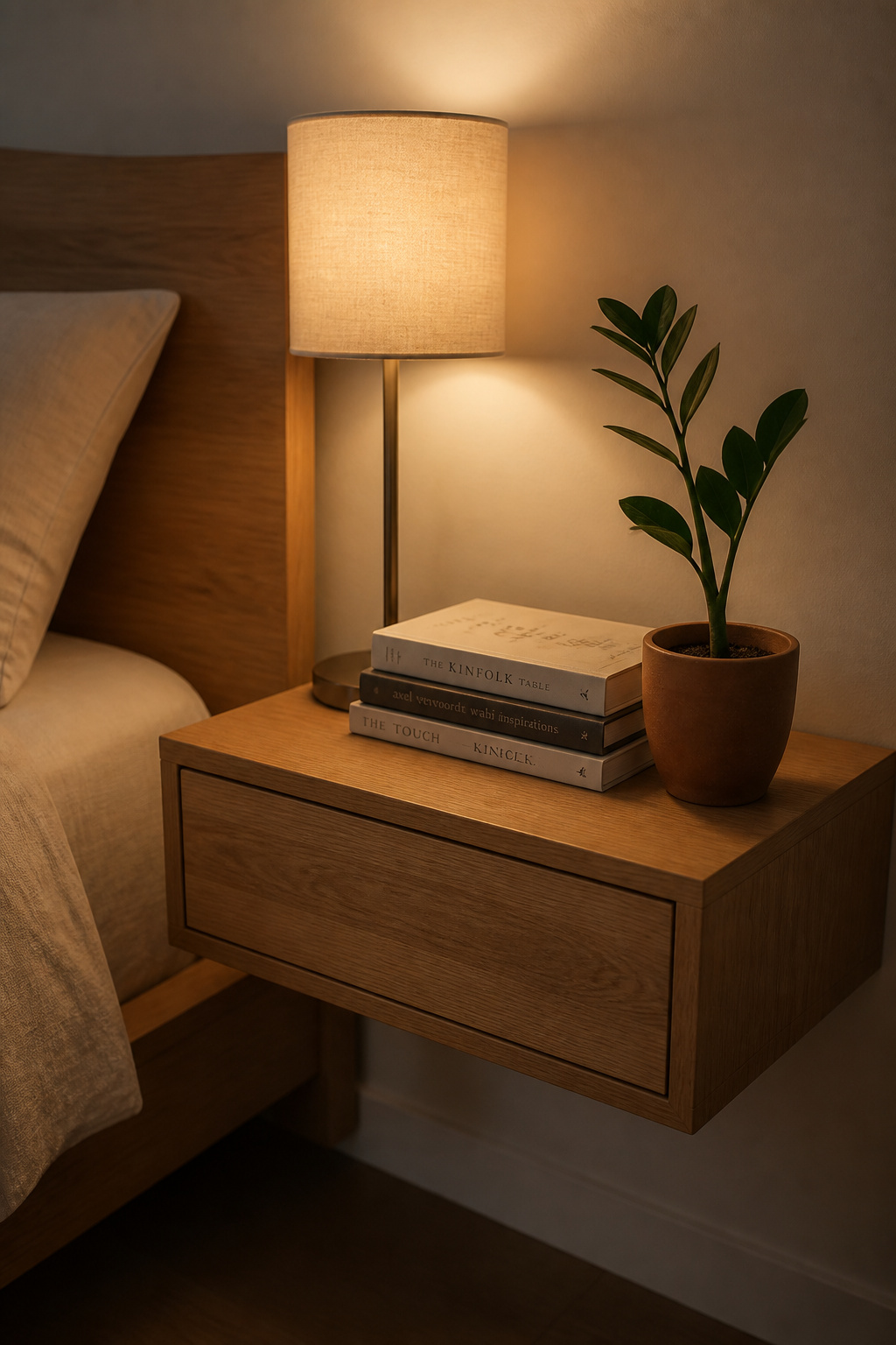 A floating oak nightstand styled with three objects at three distinct heights — lamp, books, plant — demonstrates the rule of three nightstand vignette that makes a cozy bedroom aesthetic feel considered rather than accidental.