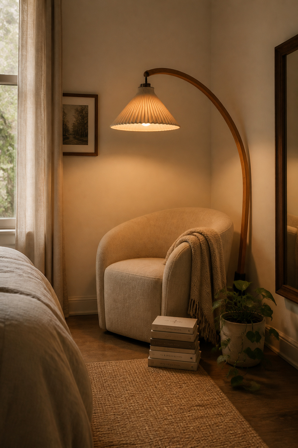 A linen armchair, an arc floor lamp at 2700K, and a small book stack transform a bedroom corner into a genuine reading nook — the defining bedroom aesthetic feature of 2026.