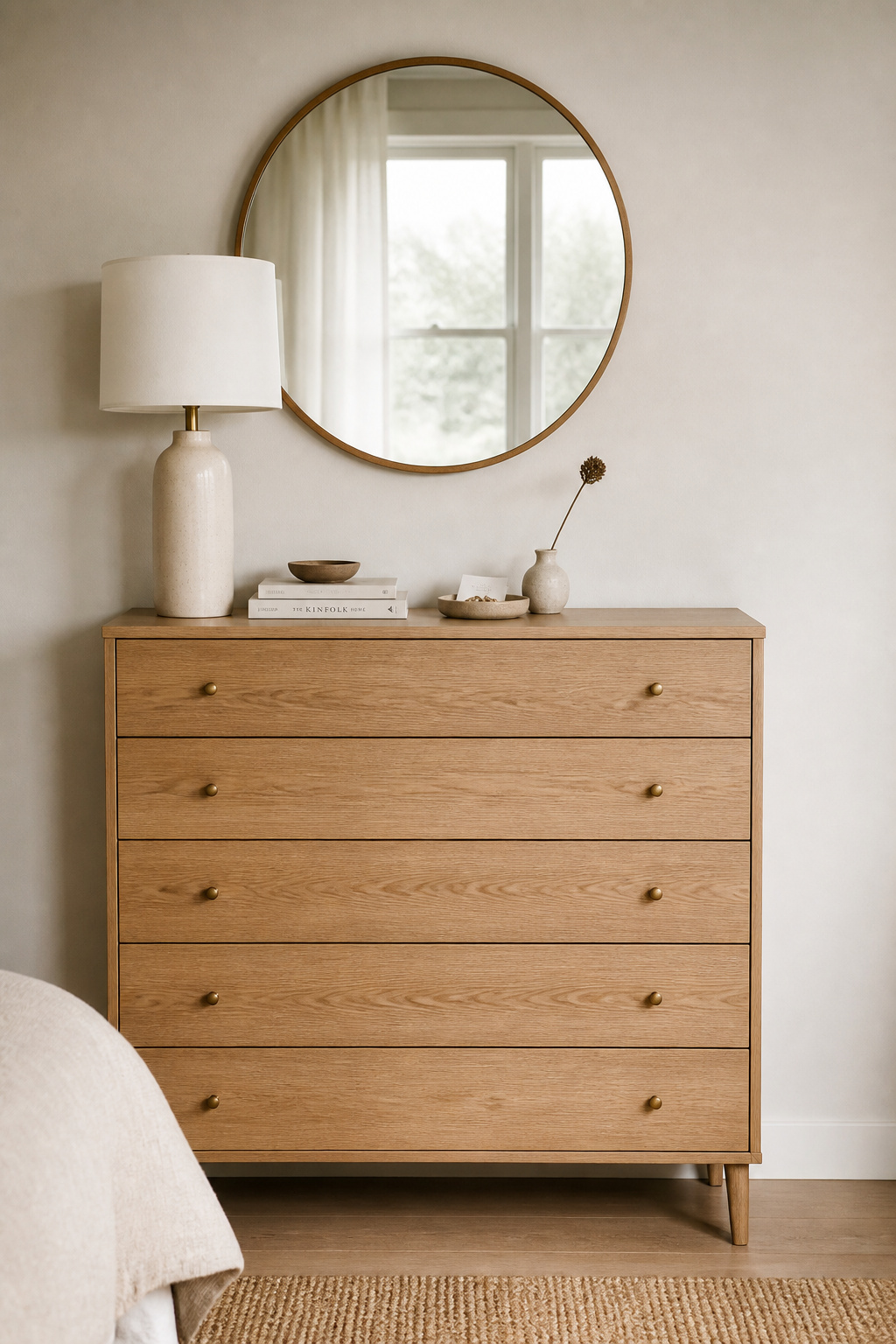 A white oak dresser styled with the five-element formula — tall lamp, medium books, low dish, a single stem, and deliberate blank space — demonstrates the cozy bedroom aesthetic approach to surfaces: curated rather than accumulated.