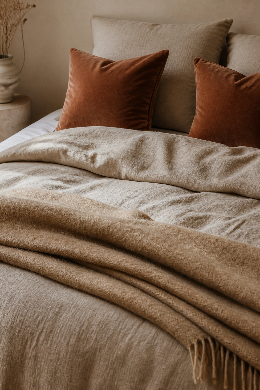 The European layered bedding approach — stonewashed linen over percale cotton, with a folded wool throw at the foot — creates the textured, collected quality that defines a genuinely cozy bedroom aesthetic.