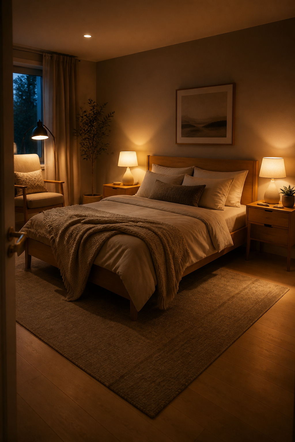 Layered 2700K lighting — overhead dimmed low, bedside lamps, a floor lamp in the corner — transforms a bedroom at dusk into the warmest room in the house.