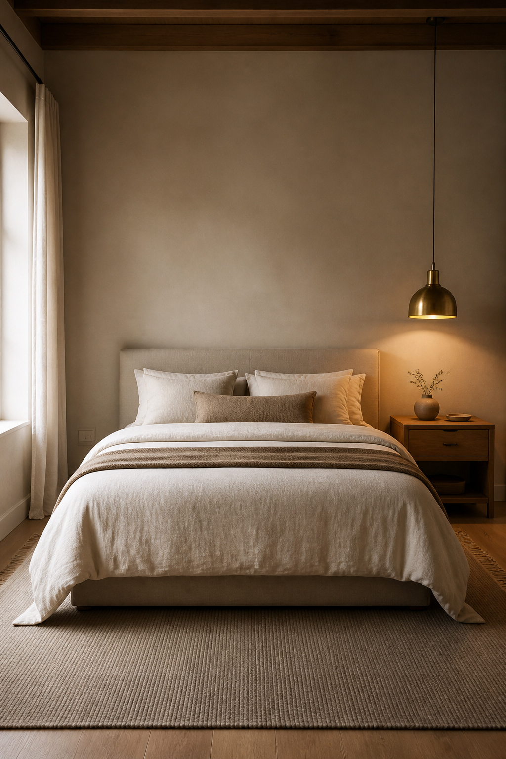 One substantial nightstand and a pendant lamp — and nothing on the other side. Intentional asymmetry reads as confident design; the eye rests on the object rather than fighting for balance.
