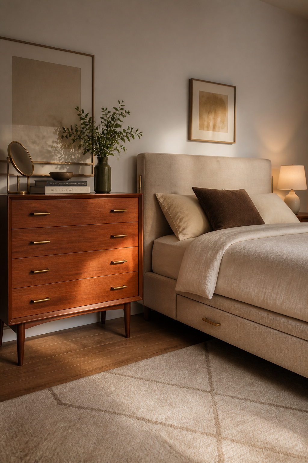 A Danish teak dresser from the 1960s sits naturally beside a contemporary linen bed frame because both share the same DNA — natural materials, restrained form, functional honesty.